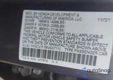 2022 Honda Accord Lx z USA, uszkodzony, nr VIN 1HGCV1F18NA007110